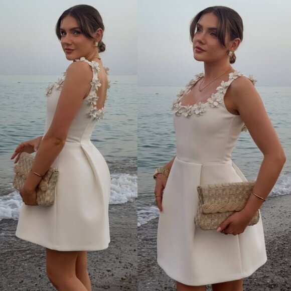 Nadine Merabi Cindy Mini Dress White Flower Applique Rosette Square Neck Size XL - Picture 4 of 16